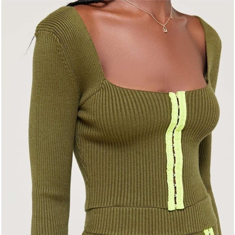 For Love & Lemons Paige Hook & Eye Ribbed Knit Top Sweater Olive Green Small Y1
